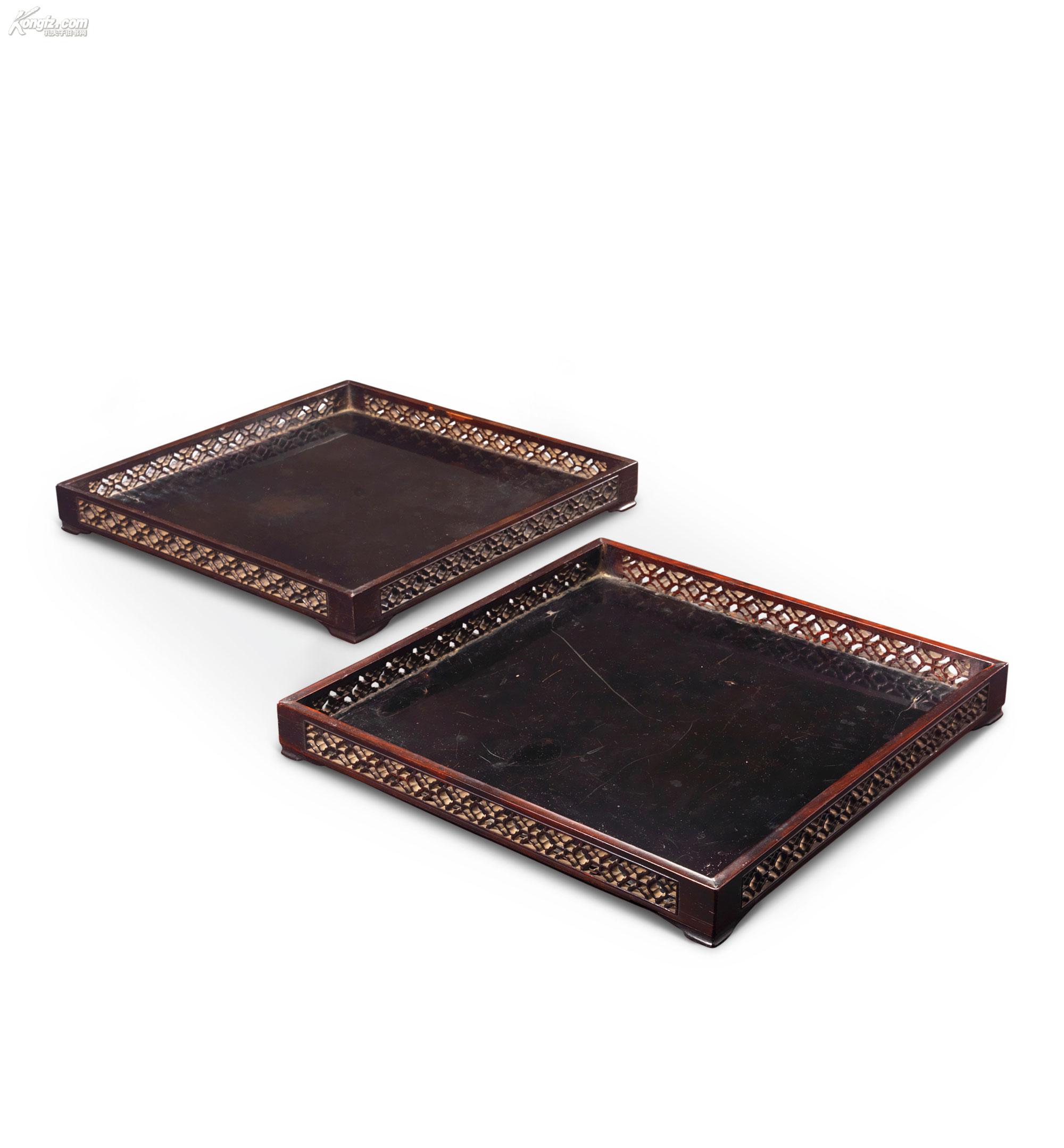 清乾隆 紫檀框大漆底香盘 (一对)