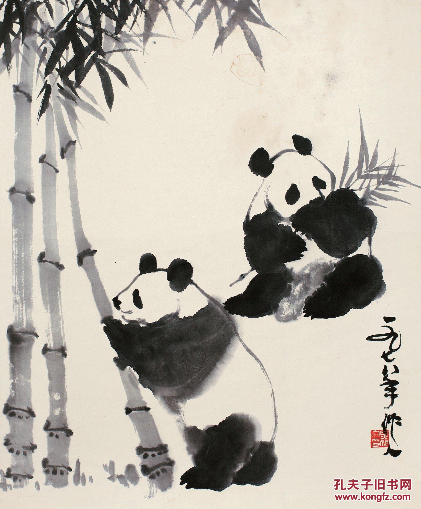熊猫竹石图图片