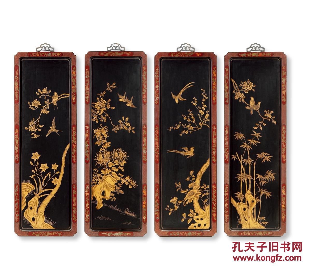 清 描漆花鸟屏风一组四件